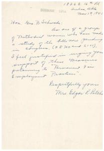 ["The document is from Mrs. Edger R-Pitcher to Honorable  Geo. B. Schwabe, discussing support for pending bills in Congress related to permanent employment practices. Mrs. R-Pitcher mentions being part of a group of Methodist women who have studied the bills and feel justified in supporting them."]