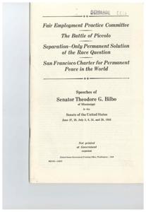 ["Senator Theodore G. Bilbo of Mississippi gives a speech in the Senate opposing the inclusion of the Fair Employment Practices Committee (FEPC) in a bill providing appropriations for war agencies. He argues against the FEPC, claiming it would be harmful to the 16 war agencies listed in the bill. Senator Bilbo expresses concern that the FEPC would disrupt the continuity of government operations and urges his colleagues not to support its inclusion in the bill."]