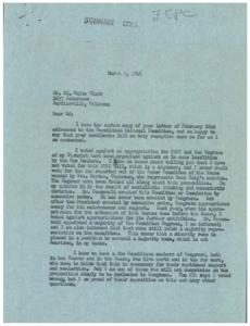 ["The document is from George B. Schwabe, a politician, to Ed. Waite Clark discussing his opposition to the Fair Employment Practices Commission (FEPC) bill. Schwabe believes the bill is based on socialist and communist ideals and criticizes the Republican Party leadership for supporting it. He expresses concern about the potential impact of the bill on race relations and questions the fairness and impartiality of the proposed commission. Schwabe states that he will not compromise his principles for political gain and believes the Republican Party should focus on traditional American ideals."]