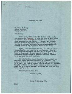 ["The document is from George Schwabe, a Republican Representative in Congress, responding to a letter from Glenn Young asking him to vote against the F.E.P.C. Schwabe agrees with Young's sentiments and expresses his belief that the F.E.P.C. will not pass in Congress. He believes that the movement is being driven by the foreign element rather than the rights of minorities. Young's letter argues against the F.E.P.C. as he believes it forces employers to hire specific groups against their will, and he urges Schwabe to protect the rights of American citizens of white ancestry."]