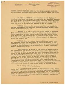 ["Executive Order #9346, issued by President Franklin D. Roosevelt on May 27, 1943, amends Executive Order #8802 by establishing a new Committee on Fair Employment Practice. The purpose of the committee is to eliminate discriminatory employment practices in war industries and the government, ensuring equal opportunities regardless of race, creed, color, or national origin. The committee is responsible for investigating complaints of discrimination, making recommendations to federal departments and agencies, and promoting the utilization and training of manpower without discrimination. The order also includes provisions for contracting agencies, vocational training programs, and the appointment and operation of the committee."]