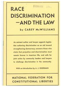 ["The document discusses the issue of race discrimination and the law, arguing for legislation to outlaw discrimination as a way to strengthen democracy. The author, Carey McWilliams, highlights the importance of challenging discrimination in all its forms through legal means, and emphasizes the role of community leaders and lawyers in this effort. McWilliams also addresses the misconception that legislation against discrimination is futile, pointing out that it has successfully challenged discrimination in various areas. The document calls for cooperation between social scientists and lawyers to present data on the negative effects of discrimination and advocates for the enactment of Fair Racial Practice Acts to combat discrimination effectively. Ultimately, the text stresses the importance of rooting out discrimination from American society to safeguard democracy and ensure peace."]