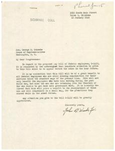 ["The document is requesting immediate attention be given to bill S-1415, which proposes increased pay for Federal employees below the standard wage. It argues that this will benefit employees who worked during the World War and returning veterans seeking government work. The bill is seen as a way to aid in the readjustment of veterans and compensate for missed promotions while in the Armed Forces. The sender, John G. Wands, requests that Congressman George B. Schwabe support the bill."]