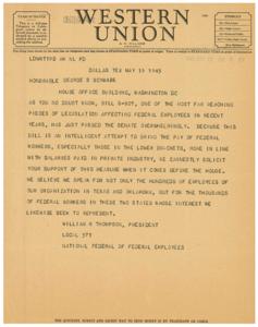 ["The document is a telegram from William R. Thompson, President of Local 571 National Federal of Federal Employees, urging Honorable George B. Schwabe to support Bill S-807, which aims to bring the pay of federal workers more in line with salaries in private industry. Thompson believes the bill will benefit federal employees, especially those in lower income brackets."]