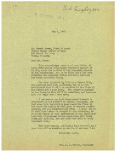 ["Mr. Emmett Brown, a District Agent of the United States Indian Service, wrote a letter to Congressman Schwabe urging his support for Senate Bill S. 807, which aims to improve the salaries and working conditions of Federal employees. The Congressman is currently attending hearings in Tulsa and the bill is still in committee. Mrs. A. L. Warren, the congressman's secretary, assured Mr. Brown that the congressman is interested in the welfare of Federal employees and will give the bill earnest consideration when it reaches the House floor."]