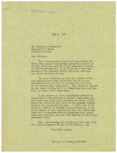 ["The document acknowledges receipt of a request for Congressman Schwabe's support of Senate Bill S-807, which provides for adjustments in the salary of federal employees. It explains that the Congressman is currently attending hearings in Tulsa and will consider the legislation when it reaches the floor of the House for a vote. The document assures that the Congressman is interested in the welfare of federal employees and values input from constituents."]