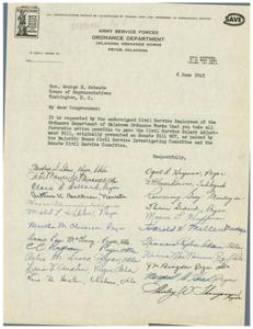 ["The document is a letter addressed to Congressman George B. Schwabe requesting favorable action to pass the Civil Service Salary Adjustment Bill. The document is signed by multiple Civil Service Employees of the Ordnance Department of Oklahoma Ordnance Works. The document also includes contact information for the Oklahoma Ordnance Works and emphasizes the need for all communications to be accompanied by a carbon copy and addressed to the Commanding Officer."]