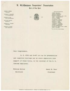 ["The document is a list of members of the US Customs  Inspectors' Association at the Port of New York, along with a letter addressed to a Congressman requesting support for bills H.R. 2703 and S-807 in the interest of United States Customs employees."]