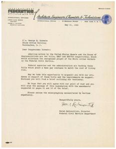 ["The document is a letter written to Congressman George B. Schwabe regarding two bills, S807 and HR2703, that aim to improve the situation of white collar workers in the Federal Civil Service by granting a base pay increase to match the cost of living rise. The document includes evidence and suggested improvements in support of the bills and urges the Congressman to support their passage with the suggested amendments."]