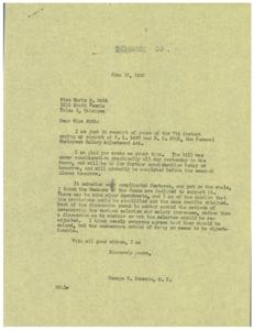 ["Miss Marie M. Mott wrote to Congressman George B. Schwabe urging his support for the Federal Employees Salary Adjustment Act. Congressman Schwabe responded that the bill was under consideration in the House and that he believed most Members were inclined to support it. He mentioned that there may be some minor amendments needed to simplify the provisions. Miss Mott expressed dissatisfaction with long hours, low salaries, and difficulty in meeting the cost of living for federal employees."]