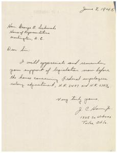["The writer is thanking Honorable  George B. Schwabe for his support of legislation concerning salary adjustments for Federal employees."]