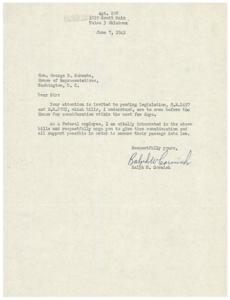 ["Ralph W. Cornish, a Federal employee, is writing to Honorable  George B. Schwabe to bring attention to pending legislation (H.R.2497 and H.R.2703) that will come before the House for consideration. Cornish urges Schwabe to support the bills in order to secure their passage into law."]