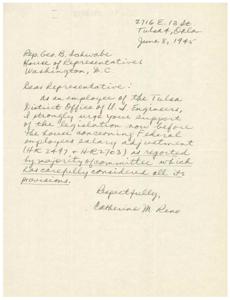 ["Catherine M. Reno, an employee of the Tulsa District Office of the United States Army Engineers, is urging Representative Geo. B. Schwabe to support legislation regarding Federal employees' salary adjustment currently before the House of Representatives. She references bills HR 2497 and HR 2703 and notes that the majority of the committee has carefully considered the provisions of the legislation."]