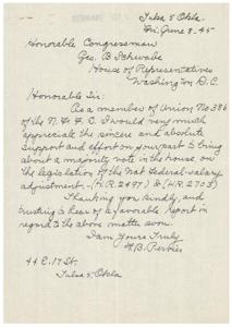 ["The document is a request for support from Congressman Geo. B Schwabe regarding legislation on Federal-salary adjustment. The writer is a member of Union no386 and is hoping for a majority vote in the House on the matter. The document expresses appreciation for any efforts made and hopes to hear a favorable report soon."]