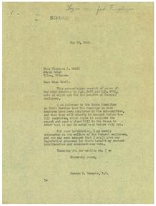 ["In the letter, Miss Florence I. Odell expresses her gratitude to Congressman George B. Schwabe for considering H.R. 2497 and H.R. 2703 for the benefit of Federal employees. Congressman Schwabe assures Miss Odell that he is keenly interested in the welfare of Federal employees and will give any proposed legislation his earnest consideration and vote. He informs her that the bills have completed hearings in the subcommittee and will soon be brought before the full committee for further action."]