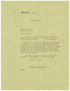 ["John W Sager, a Federal employee from Bixby, Oklahoma, wrote to Honorable  George B. Schwabe urging his support for the Federal Employees Salary Adjustment Bill. Schwabe responded, stating that the bill had already passed in the House and he supported it. He believed that the Senate may have a different approach, but was confident that a measure benefiting Federal employees would be adopted."]