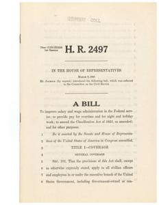 ["The document is a bill introduced in the House of Representatives in 1945 by Mr. Jackson to improve salary and wage administration in the Federal service. It includes provisions for overtime pay, pay for night and holiday work, and amendments to the Classification Act of 1923. The bill applies to civilian officers and employees in the executive branch of the government, with specific exemptions listed. It also outlines rates for overtime compensation based on employees' basic compensation. Additionally, it includes provisions for compensatory time off for irregular or occasional overtime work and pay for night and holiday work."]