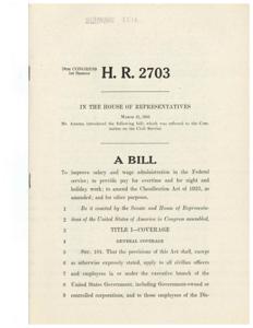 ["The document is a bill introduced in the House of Representatives in 1945 to improve salary and wage administration in the Federal service. It includes provisions for overtime pay, night pay differentials, and holiday work compensation for civilian officers and employees in the executive branch of the government. It also amends the Classification Act of 1923. The bill outlines coverage, exemptions, and rates for different classes of positions within grades."]