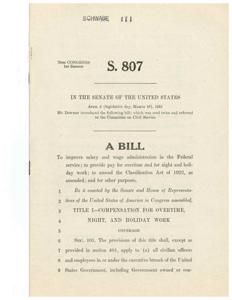 ["The document is a bill introduced in the Senate to improve salary and wage administration in the Federal service. It includes provisions for compensation for overtime, night, and holiday work for civilian officers and employees in the executive branch of the government, as well as employees in the legislative and judicial branches. It also outlines rates of compensation for different categories of employees and conditions for payment of additional compensation during holidays."]