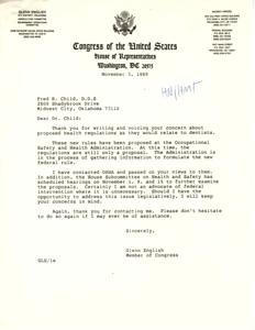 Title: Concerns Over OSHA Regulations in Dentistry - Correspondence with Congressman Glenn English, 1989-11-03