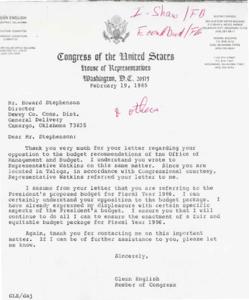 Support for Conservation Programs: Letters to Representatives Watkins and English, 1985-02-06