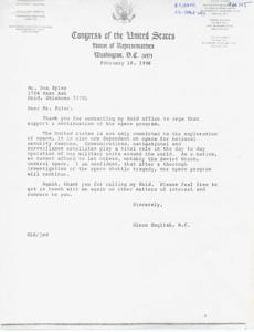 Supporting the Space Program: A Letter from Glenn English, 1986-02-18