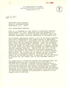 Response to Cost-of-Living Increase Provision for Oklahoma Employment Security Commission Retirement Plan, 1977-08-15