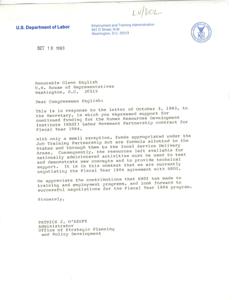 Response to HRDI Funding Inquiry from Congressman English, 1983-09-16