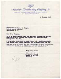Request for American Negro History Compilation: Letter to Representative Helen G. Douglas, 1946-01-01 - 1946-12-31