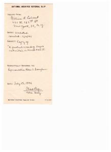 Request for Copy of A Partial Record of Negro Activities in World War II by William R. Colvent, 1946-01-01 - 1946-12-31