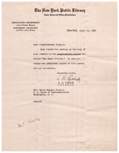 Request for Copies of The Negro Soldier Speech by Congresswoman Douglas, 1946-04-24