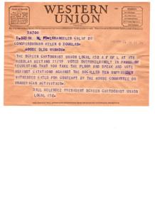 Request for Congressional Support: Screen Cartoonist Union Local 852 urges Congresswoman Helen G. Douglas to speak out against contempt citations, 1947-01-01 - 1947-12-31
