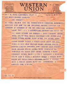 Telegram Urging Against Citation for Contempt of Congress of Hollywood Writers, 1947-01-01 - 1947-12-31