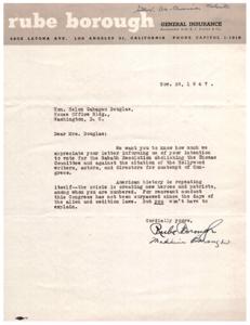 Support for Helen Gahagan Douglas in the Face of Un-American Activities, 1947-01-01 - 1947-12-31
