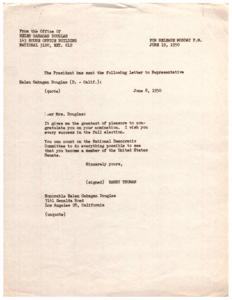 President Truman Congratulates Helen Gahagan Douglas on Senate Nomination, 1950-06-08