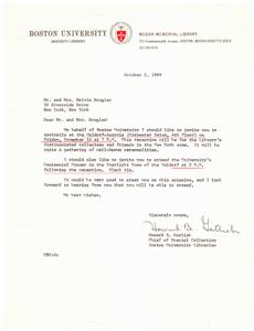Invitation to cocktail reception and dinner at Waldorf-Astoria for Boston University Library&#39;s distinguished collected and friends., 1969-10-02