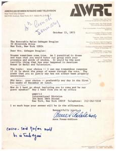 AWRT NYC Chapter invites Helen Gahagan Douglas as guest speaker., 1973-01-01 - 1973-12-31