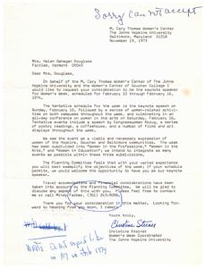 Johns Hopkins and Goucher College request Helen Gahagan Douglass as keynote speaker for Women&#39;s Week., 1973-11-19