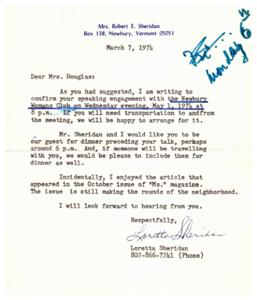 Mrs. Sheridan confirms speaking engagement, offers transportation, dinner, and compliments., 1974-05-01