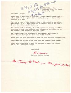Barbara requests approval for pageant script changes, promoting social causes., 1975-01-01 - 1975-12-31