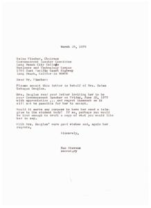 Helen Gahagan Douglas declines commencement speech but may send telegram., 1975-02-19