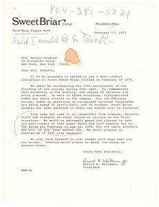 Mrs. Melvyn Douglas declines invitation to lecture at Sweet Briar College., 1975-02-17