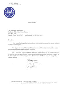 Letter of Thanks: Progress in Mexico&#39;s Copyright Reform, 1997-04-29