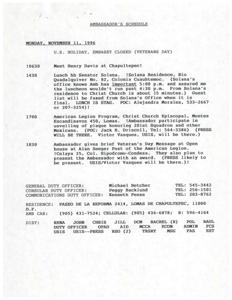 Honoring Veterans: Ambassador&#39;s Schedule for November 11, 1996, 1974-01-01 - 1974-12-31