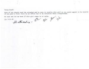 ["Darita DeLoach, a student with experience in state and federal government, sent a resume and letter to Congressman James Jones seeking employment. Despite her qualifications, Jones informed her that there were no current openings on his staff. He offered to keep her resume on file for future reference and invited her to visit his office in Tulsa for assistance."]