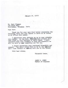 ["Kurt Glassco expresses his gratitude for being invited to a Christmas party and expresses his desire to serve as an intern in Congressman James R. Jones' office during the summer. He informs the Congressman that he can only participate in August due to his schedule. Congressman Jones appreciates Kurt's support and hopes to work something out for him."]
