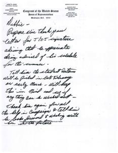 ["The document is a thank you letter to Congressman James R. Jones for hosting a Christmas party and an application to the summer intern program. The writer expresses appreciation for the party and explains that they can only participate in the program in August due to other commitments. They ask to be considered for the program despite the shortened timeframe."]