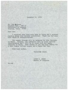 ["Tom Nimstead received a letter from James R. Jones, a member of Congress, thanking him for his note and congratulating him on his current activities. Jones informed Nimstead that summer interns will be selected in late February or March, and Nimstead will be considered. The document also discussed the benefits of karate in achieving mental stability and self-confidence. Nimstead expressed his gratitude and shared his personal experience with karate in improving his life."]
