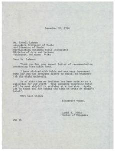 ["Mr. Lowell Lehman, Associate Professor of Music and Director of Bands at Northeastern Oklahoma State University, wrote a letter of recommendation for Miss Robin Hood to Mr. Jerry Conrey of the 1st Congressional District Staff. He praised Robin's work ethic, loyalty, promptness, and moral standards. Congressman James R. Jones thanked Lehman for his recommendation and stated that it would be helpful in the decision-making process for staff selection."]