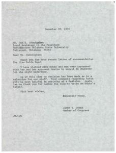["A letter of recommendation for Miss Robin Hood from Don K. Cunningham, Legal Assistant to the President of Northeastern Oklahoma State University, was received by James R. Jones, Member of Congress. Jones thanked Cunningham for the recommendation and mentioned that no decision has been made yet regarding a selection for their staff. Cunningham described Robin Hood as a capable and moral student with a major in Criminal Justice and minors in Sociology and Political Science."]